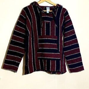 LA MALINCHE Vintage maroon and Black striped  baja pullover hippie hoodie size M